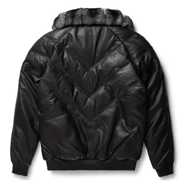 Mens Black V-Bomber Full Fux Collar Leather Jacket