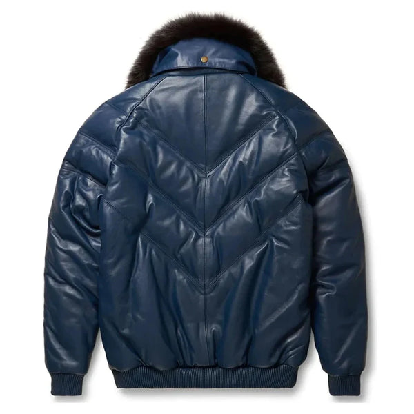 Mens Navy V-Bomber Leather Jacket