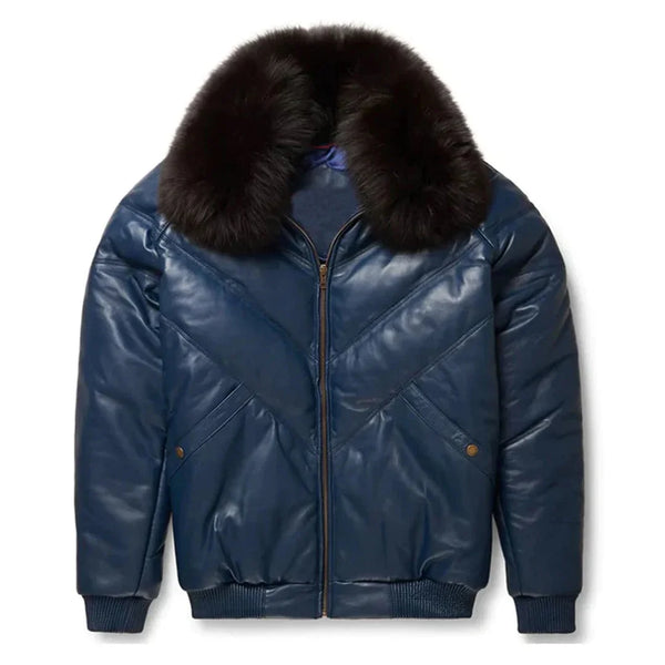 Mens Navy V-Bomber Leather Jacket