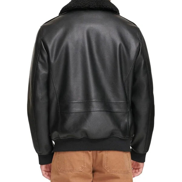 Mens Faux Sherpa Collar Bomber Leather Jacket