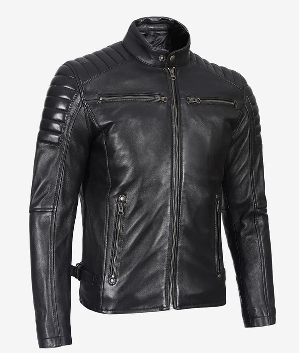 Stylish Men’s Black Biker Jacket Padded Leather Shoulders