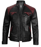 Men Quilted Cafe Racer Black And Maroon Leather Jacket