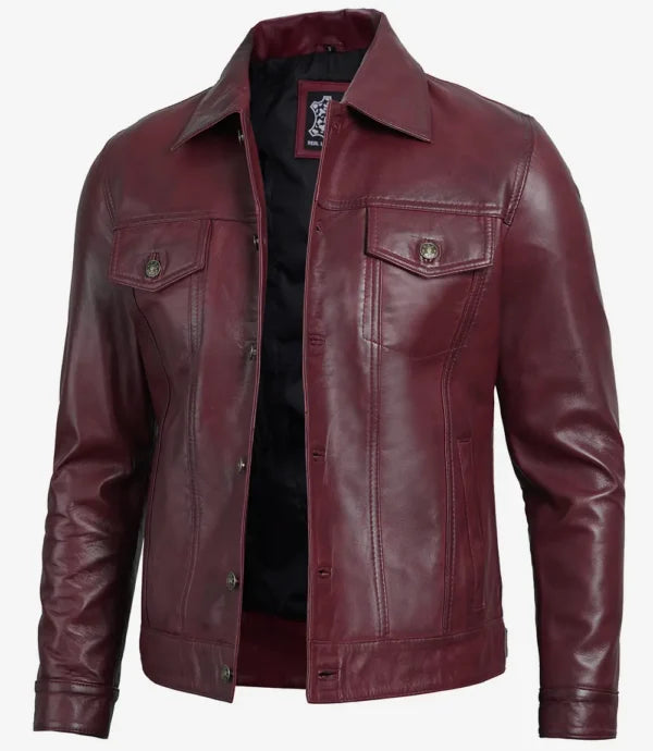 Men Real Lambskin Leather Burgundy Trucker Jacket