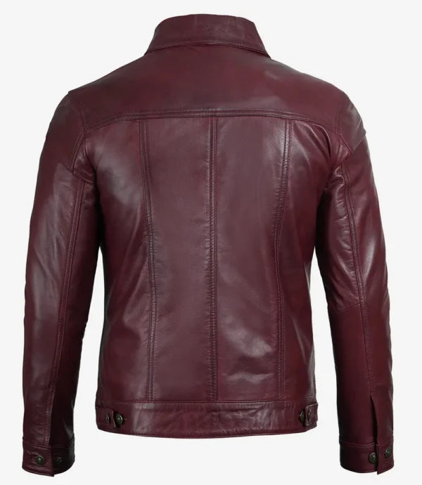Men Real Lambskin Leather Burgundy Trucker Jacket