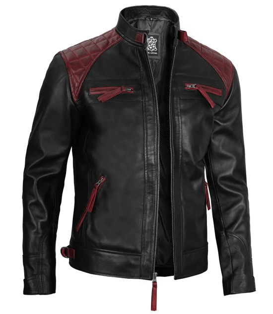 Men Quilted Cafe Racer Black And Maroon Leather Jacket