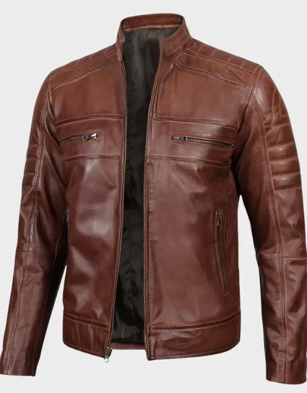 Cognac Brown Cafe Racer Leather Jacket For Men