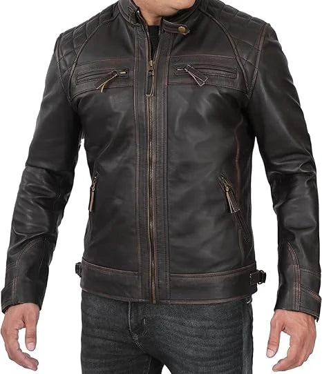 Dark Brown Leather Biker Jacket for Men – Quilted Shoulder Design