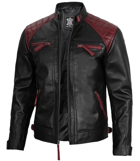 Men Quilted Cafe Racer Black And Maroon Leather Jacket