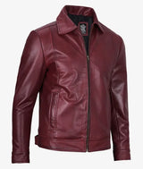 Men Classic Shirt Collar Maroon Leather Jacket