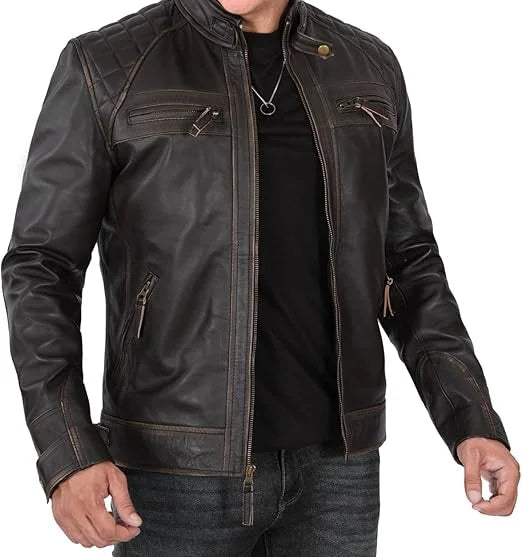 Dark Brown Leather Biker Jacket for Men – Quilted Shoulder Design