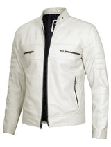 Mens Off White Leather Cafe Racer Jacket