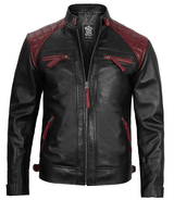 Men Quilted Cafe Racer Black And Maroon Leather Jacket