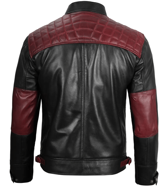 Men Quilted Cafe Racer Black And Maroon Leather Jacket