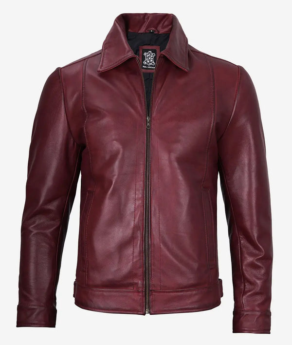 Men Classic Shirt Collar Maroon Leather Jacket