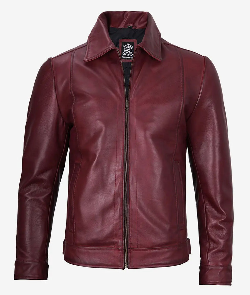 Men Classic Shirt Collar Maroon Leather Jacket