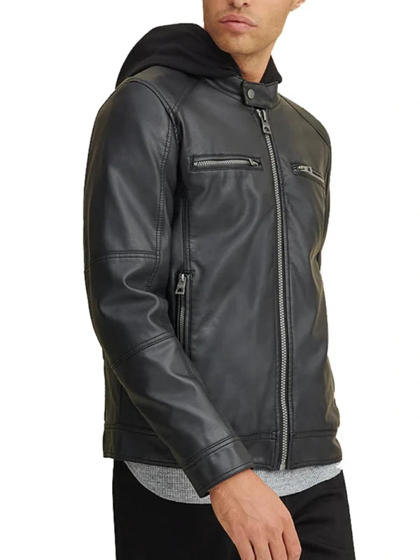 Faux Leather Jacket With Removable Hood