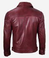 Men Classic Shirt Collar Maroon Leather Jacket