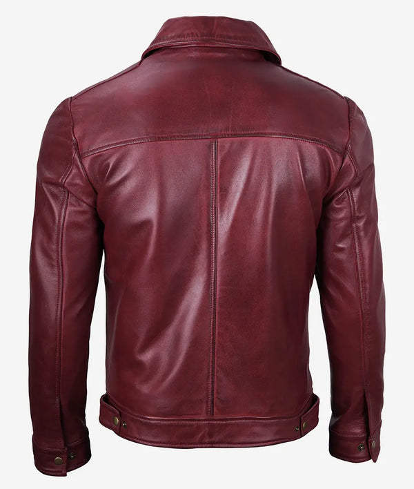 Men Classic Shirt Collar Maroon Leather Jacket