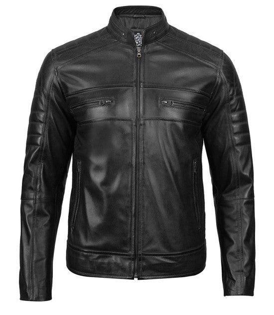 Mens Cafe Racer Jacket – Black Real Lambskin Leather