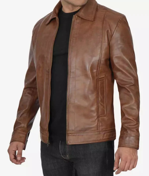 Mens Chocolate Brown Leather Jacket – Reeves Shirt Collar Style