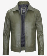 Mens Classic Shirt Collar Olive Green Leather Jacket